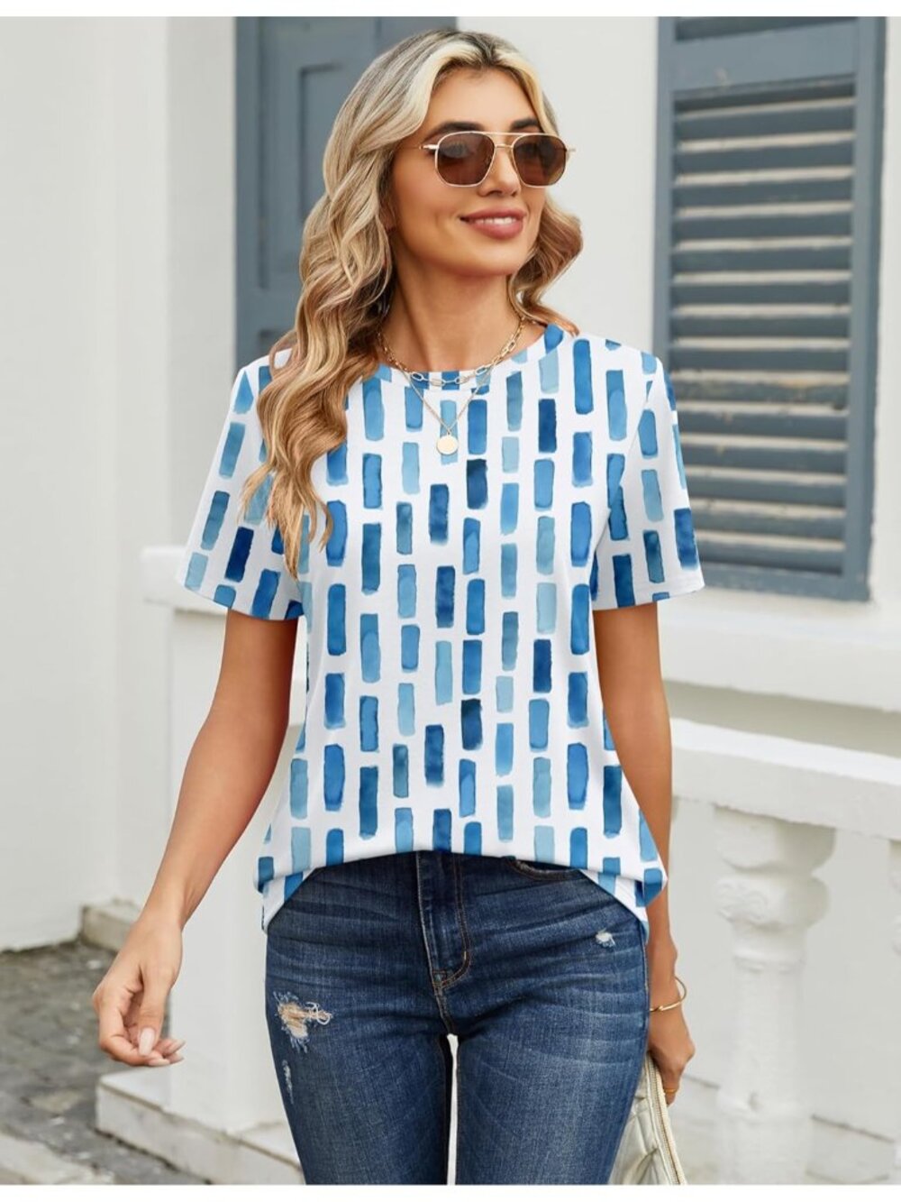 Women's Block Blue White Short Sleeve Crew Neck Casual Basic Imported Tee Shirts